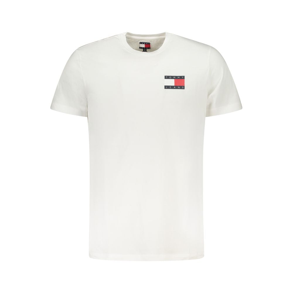 Tommy Hilfiger White Cotton Men T-Shirt with bold logo print, sustainable 95% cotton, classic crew neck, versatile fashion essential.