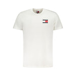 Tommy Hilfiger White Cotton Men T-Shirt with bold logo print, sustainable 95% cotton, classic crew neck, versatile fashion essential.