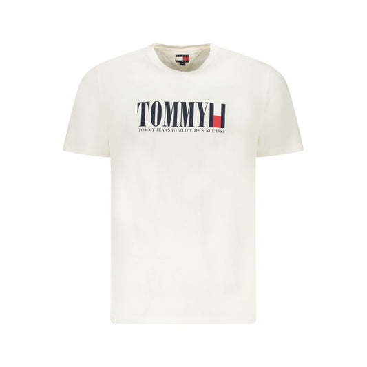 Tommy Hilfiger White Cotton Men T-Shirt featuring iconic logo design, crafted with eco-friendly materials for timeless style and comfort.