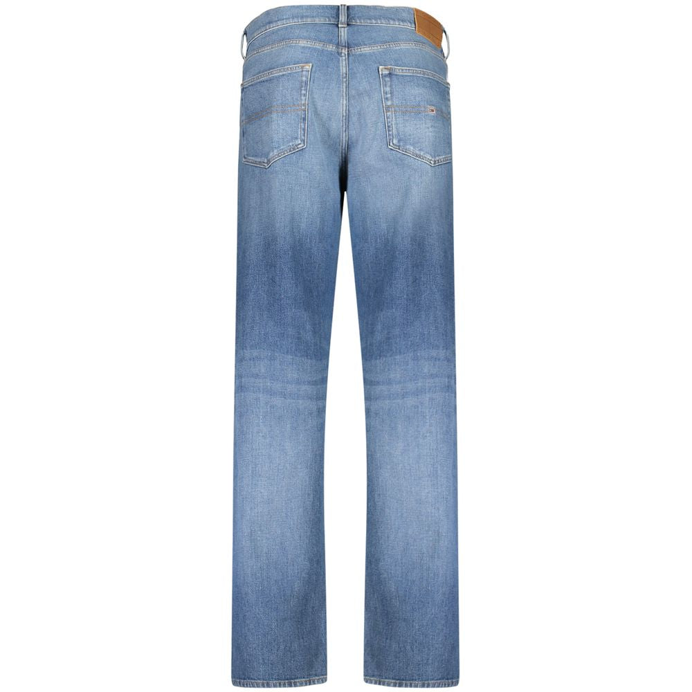 Back view of Tommy Hilfiger Blue Cotton Men Jeans showcasing faded effect and embroidery logo.