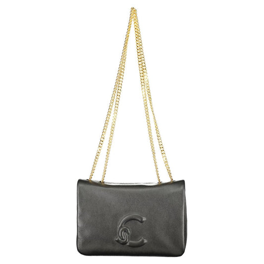 Coccinelle Black Leather Women Handbag with dual chain handles and iconic logo, showcasing Italian craftsmanship and elegance.