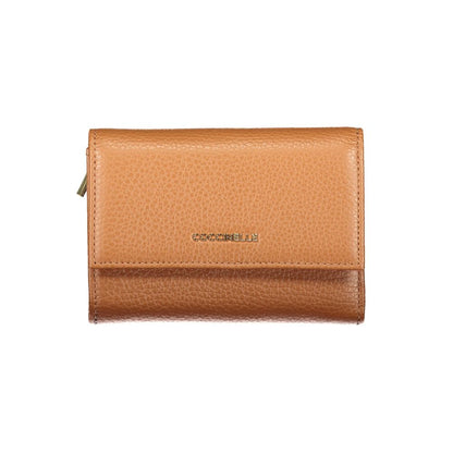 Coccinelle Brown Leather Women Wallet with snap closure and external coin pocket, showcasing Italian craftsmanship and elegant design.