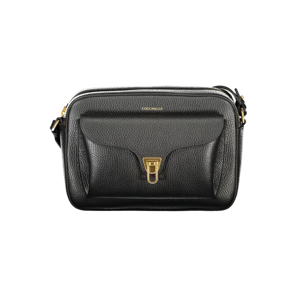 Coccinelle Black Leather Women Handbag with adjustable strap and external pocket with twist closure, Italian-crafted elegance.