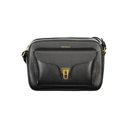 Coccinelle Black Leather Women Handbag with adjustable strap and external pocket with twist closure, Italian-crafted elegance.