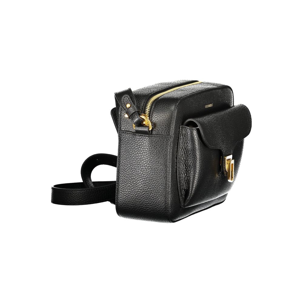 Coccinelle Black Leather Women Handbag with adjustable strap and twist closure on side view