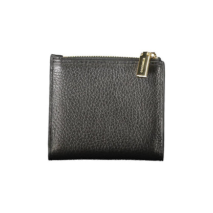 Coccinelle Black Leather Women Wallet featuring high-shine finish, iconic logo, and compact design for stylish organization.