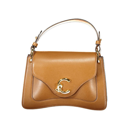 Coccinelle Brown Leather Women Handbag with gold logo, elegant design, and versatile straps.