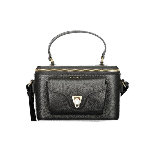 Coccinelle Black Leather Women Handbag with external pocket and zip closure, showcasing elegant Italian design and functionality.