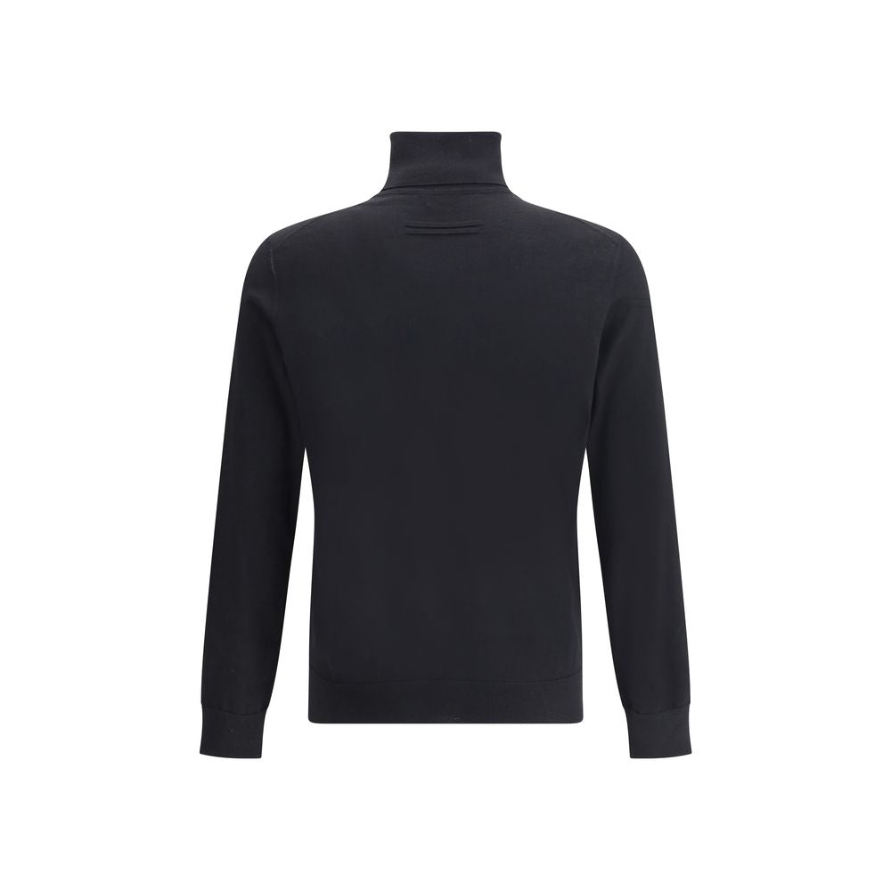 ZEGNA Black Cashmere Turtleneck Sweater with ribbed cuffs and hem, showing back view. Elegant and timeless design for AW25 season.