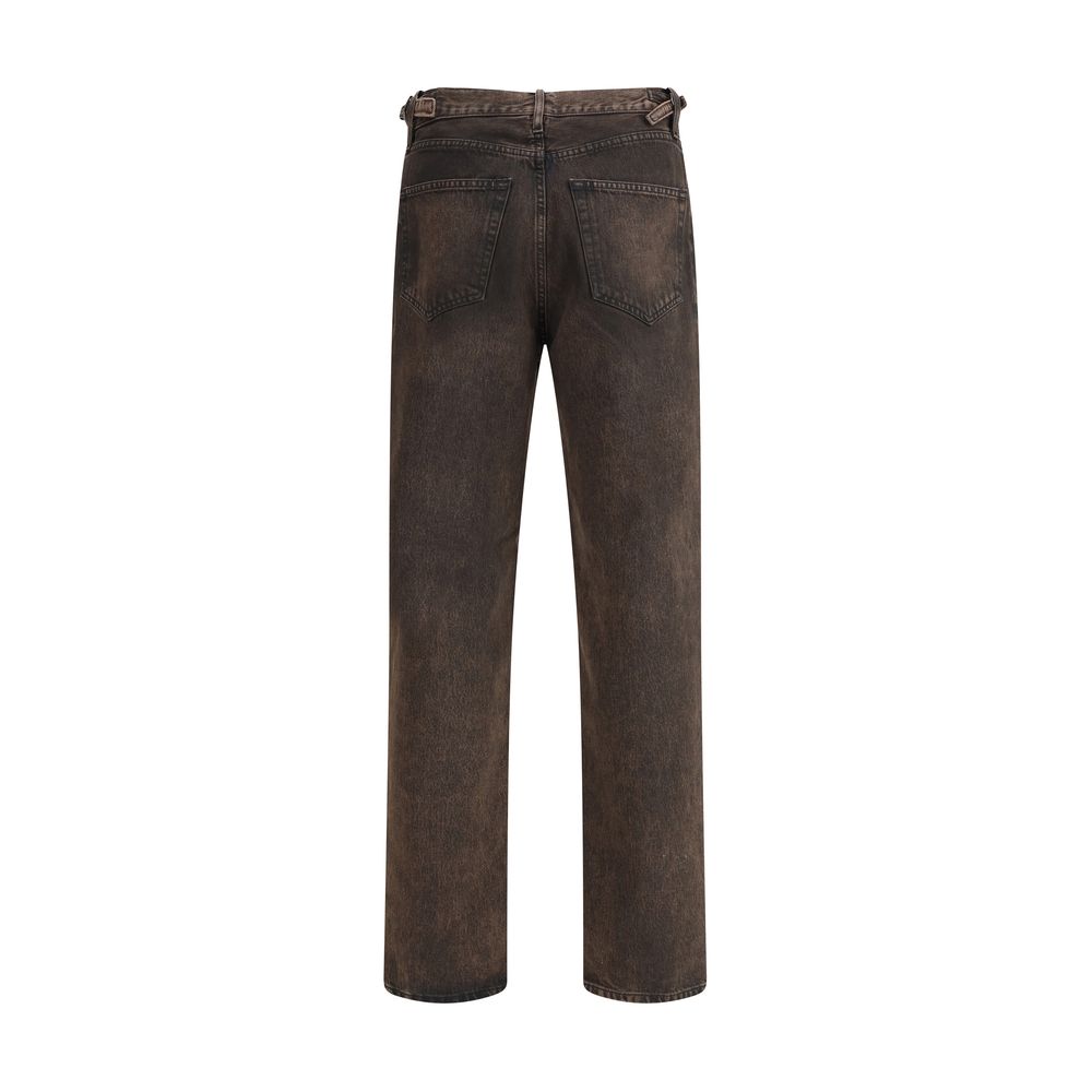 Rear view of Haikure Brown Cotton Relaxed Fit Jeans with adjustable straps and five-pocket design for formal and casual wear.