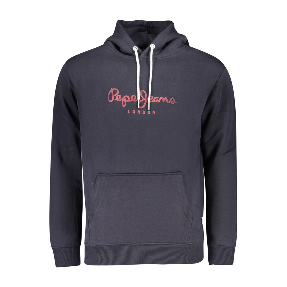Pepe Jeans Blue Cotton Men Sweater with front pocket and bold logo print, sustainable fabric, comfortable urban style hoodie ideal for casual wear.