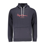 Pepe Jeans Blue Cotton Men Sweater with front pocket and bold logo print, sustainable fabric, comfortable urban style hoodie ideal for casual wear.