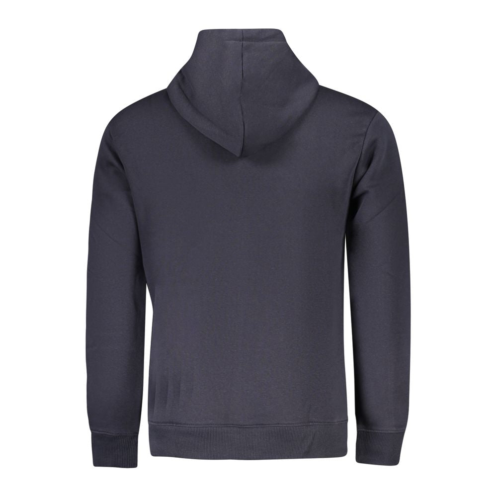 Back view of Pepe Jeans Blue Cotton Men Sweater showcasing hoodie and casual style with sustainable cotton blend