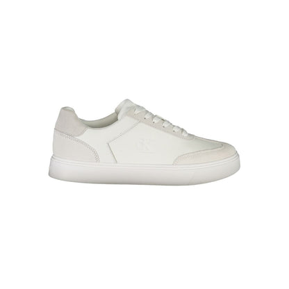 Calvin Klein White Leather Men Sneaker, sporty sophistication with plush comfort, modern design in bold contrasting accents.