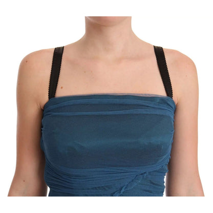Dolce & Gabbana Blue Mesh Trim Ruched Tulle Sheath Dress