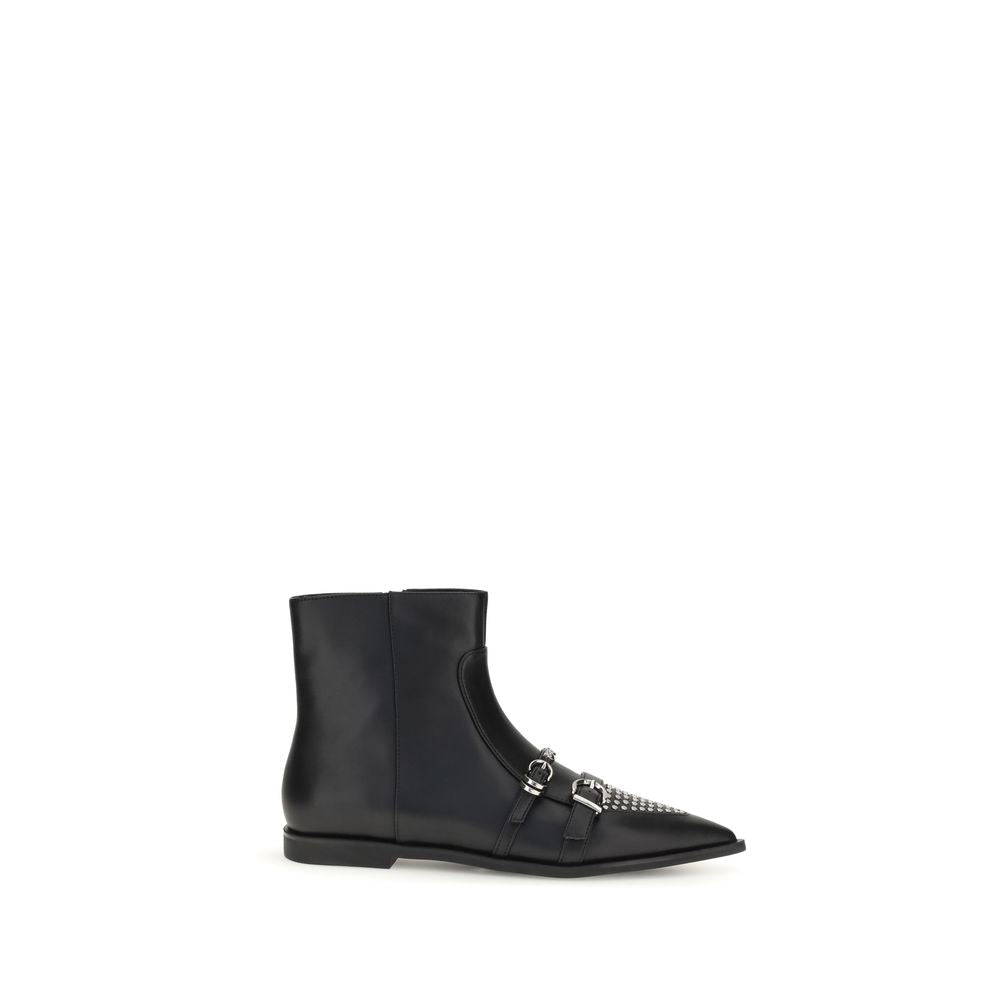 PINKO Black Calf Leather Bos Taurus Ankle Boots with studs and buckles, showcasing urban-chic style and bold design.