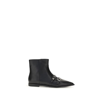 PINKO Black Calf Leather Bos Taurus Ankle Boots with studs and buckles, showcasing urban-chic style and bold design.