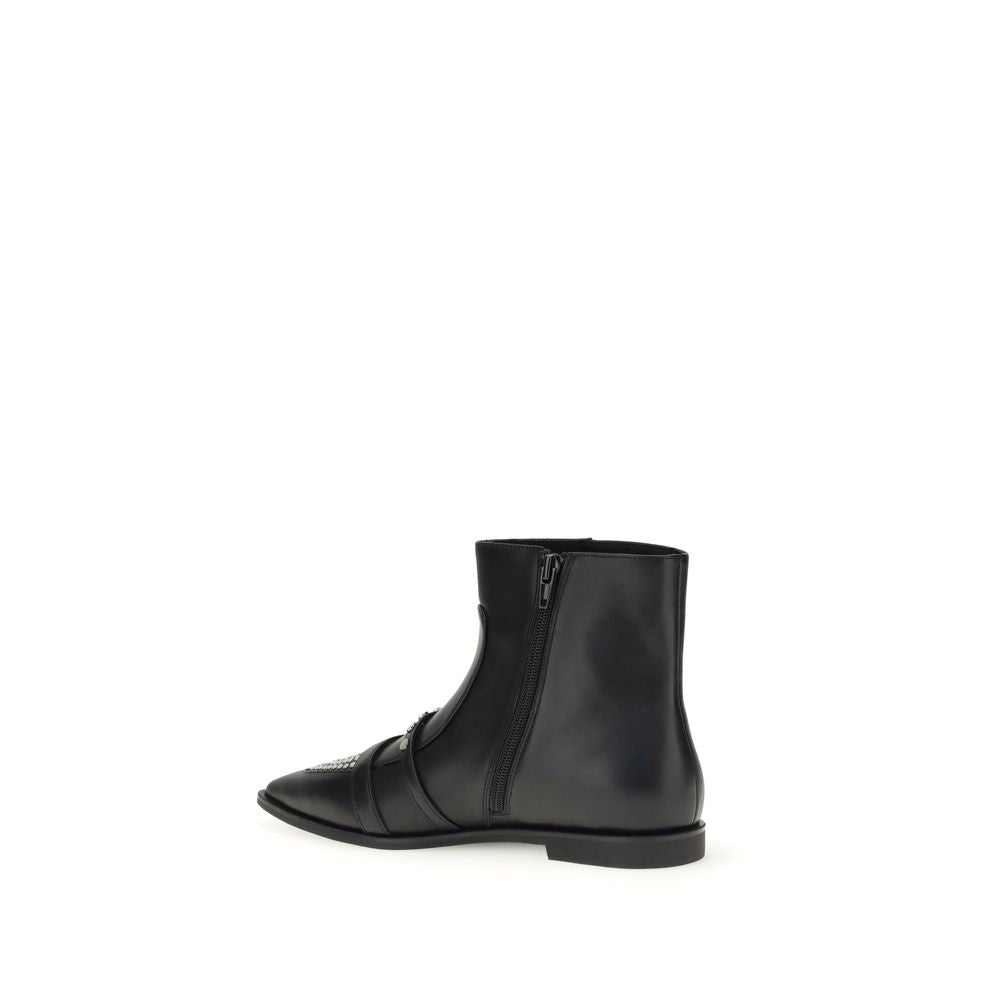PINKO Black Calf Leather Bos Taurus Ankle Boots side view showing zipper detail and almond toe design.