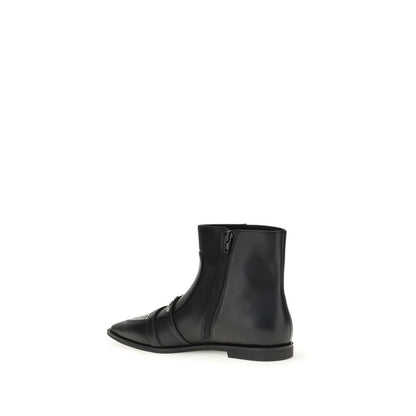 PINKO Black Calf Leather Bos Taurus Ankle Boots side view showing zipper detail and almond toe design.