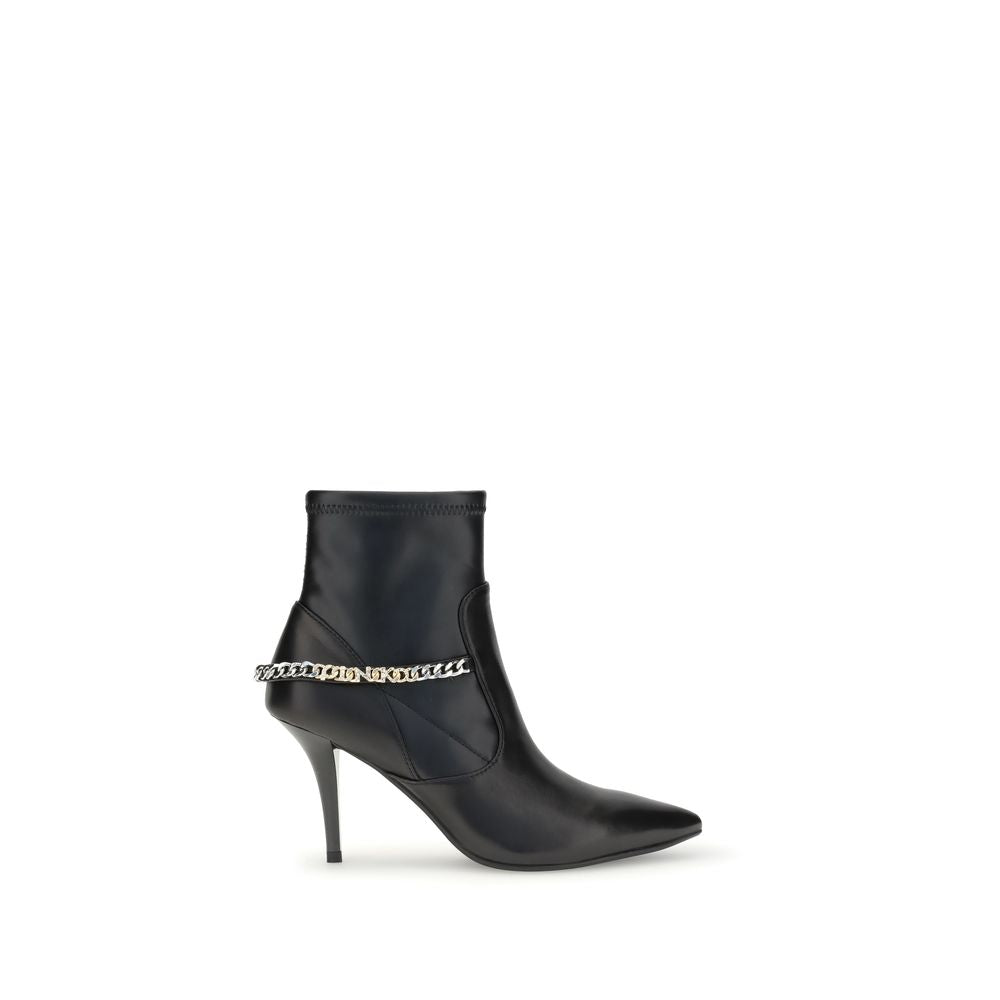 PINKO Black Calf Leather Bos Taurus Ankle Boots with chain detail and stiletto heel