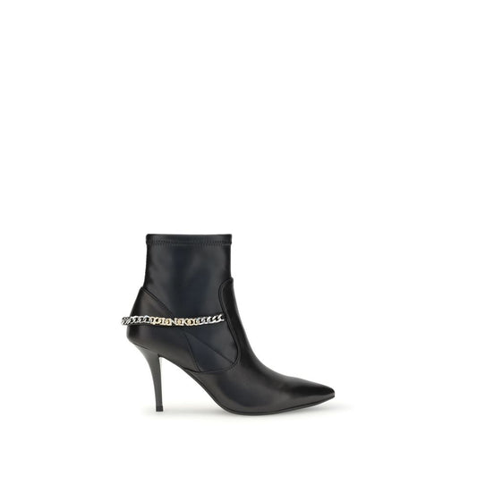PINKO Black Calf Leather Bos Taurus Ankle Boots with chain detail and stiletto heel, featuring a stocking design and rhinestone logo embellishment.