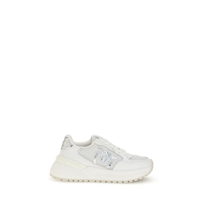 PINKO White Calf Leather Bos Taurus Chunky Sneakers with mirrored detail and love birds logo, featuring a contoured rubber sole.