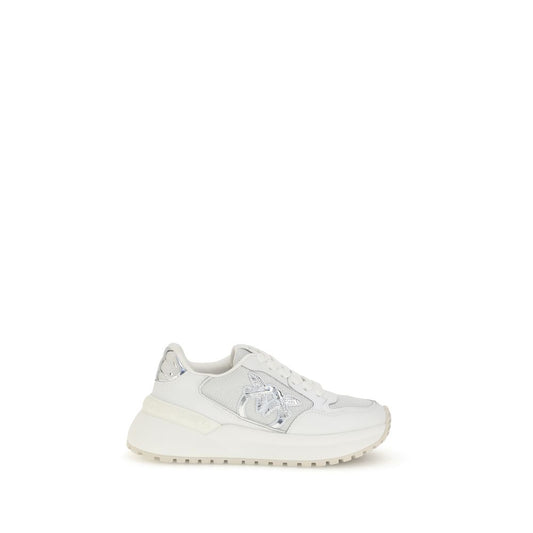 PINKO White Calf Leather Bos Taurus Chunky Sneakers with mirrored detail and love birds logo, featuring a contoured rubber sole.