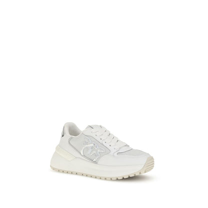 PINKO White Calf Leather Bos Taurus Chunky Sneakers with mirrored details, mesh inserts, and metal Love Birds logo on rubber sole.