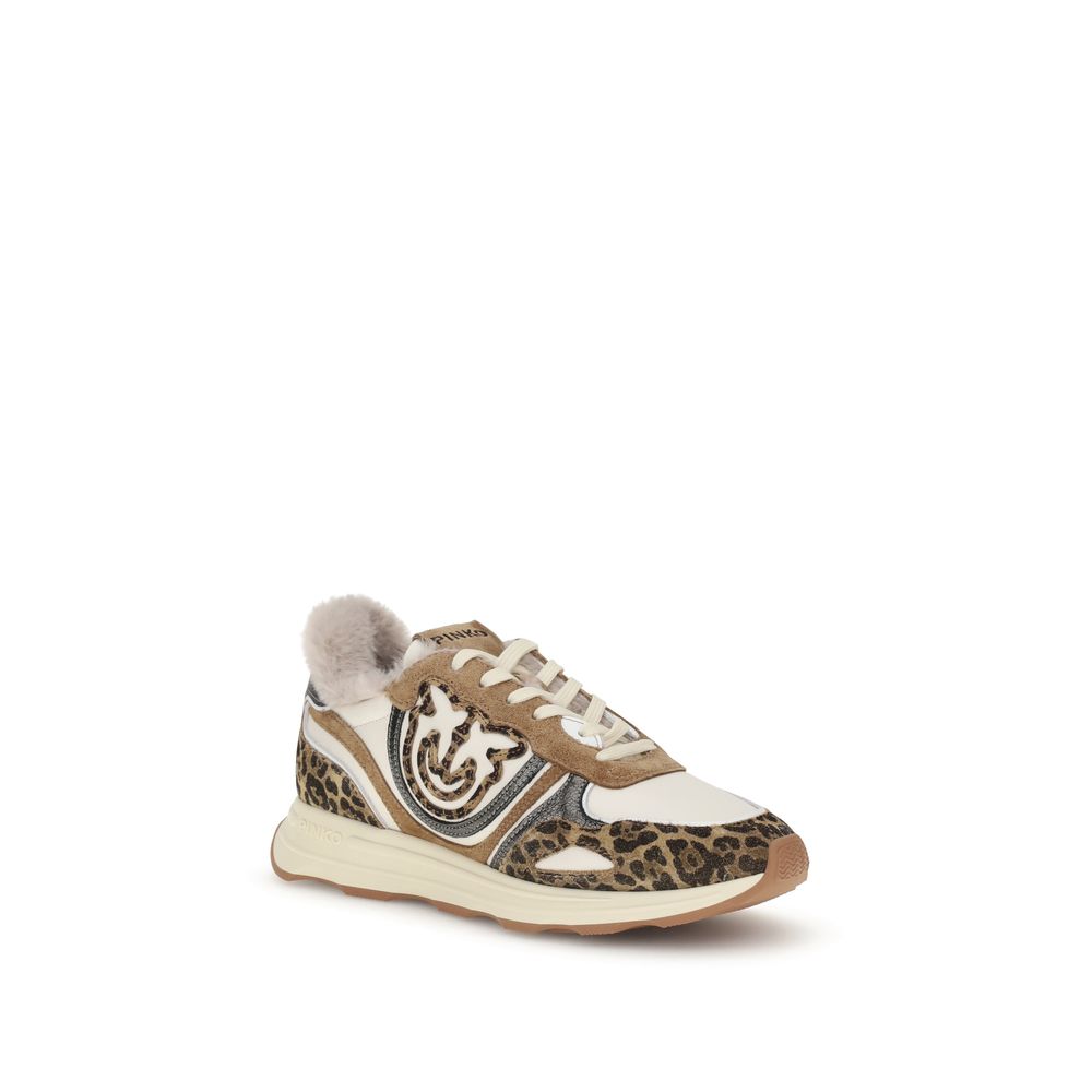 PINKO Multicolor Leather Chunky Sneakers with leopard print, synthetic fur lining, and lace-up closure for comfort and style.