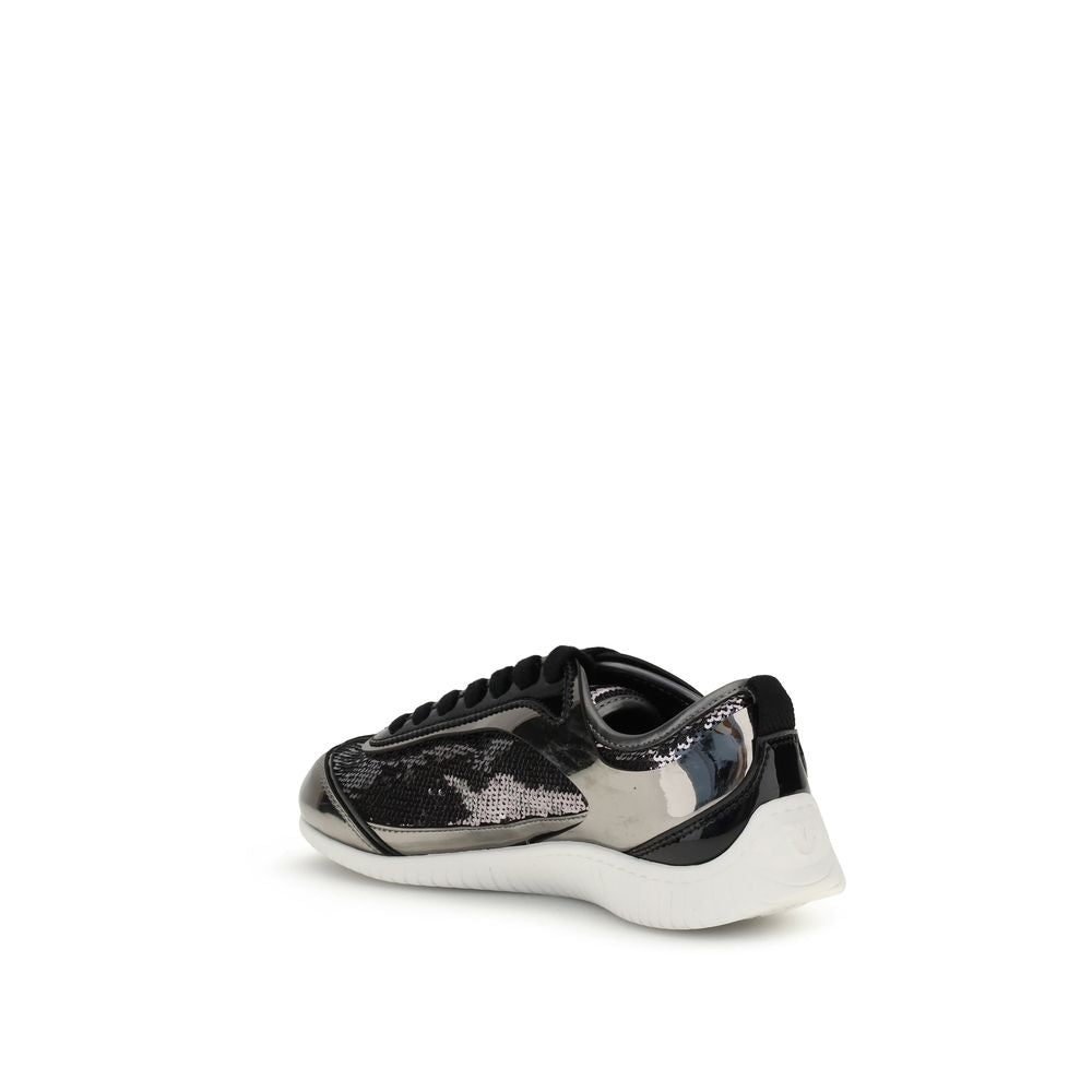 PINKO Silver Nylon Chunky Sneakers with sequin details and rubber sole for casual wear