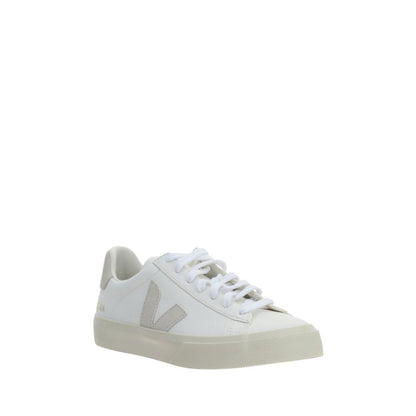 Veja White Calf Leather Bos Taurus Low Top Sneakers with V logo, round toe, and lace-up closure for casual style.