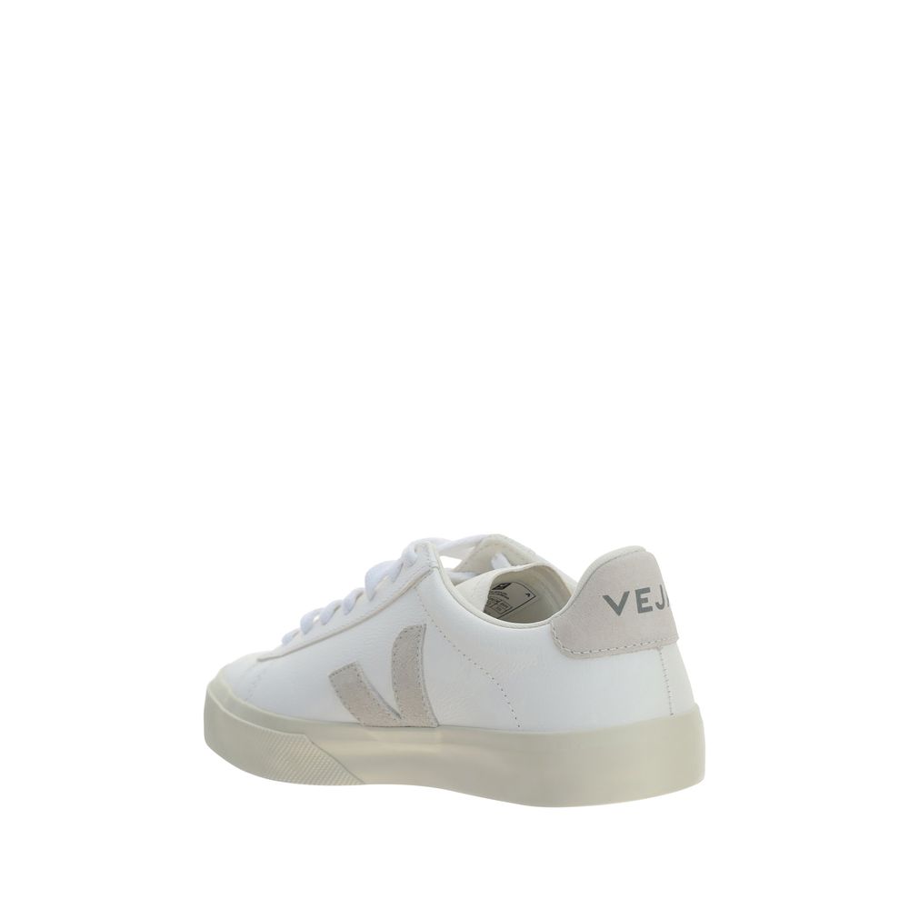 Veja White Calf Leather Bos Taurus Low Top Sneakers with V logo, contrasting heel details, round toe, and rubber sole.