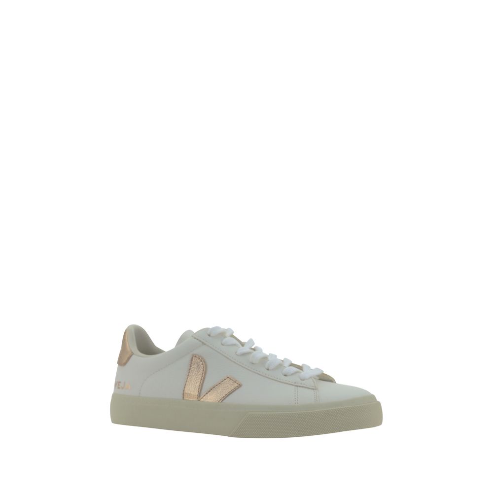 Veja White Calf Leather Bos Taurus Low Top Sneakers with logo applique, round toe, contrasting panels, and rubber sole.