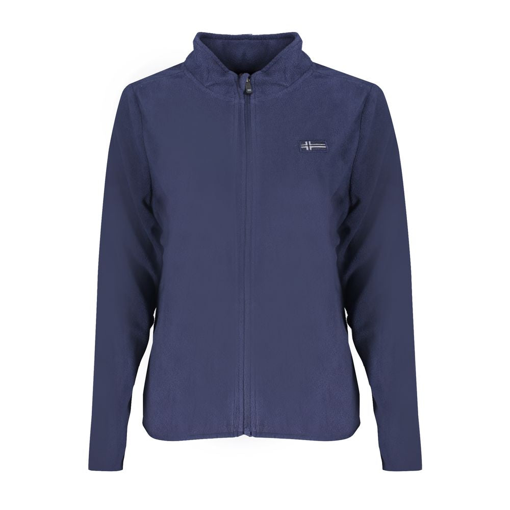 Norway 1963 Blue Polyester Women Sweater with long sleeves and chic logo design, zip-up front, showcasing style and comfort.