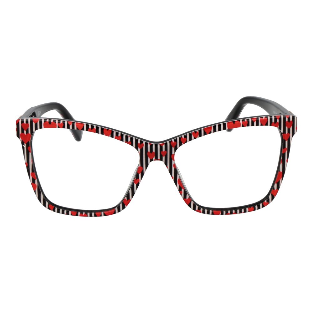 Love Moschino Black Acetate Glasses (Frames) with heart pattern full-rim acetate frames for women in black, includes branded case.
