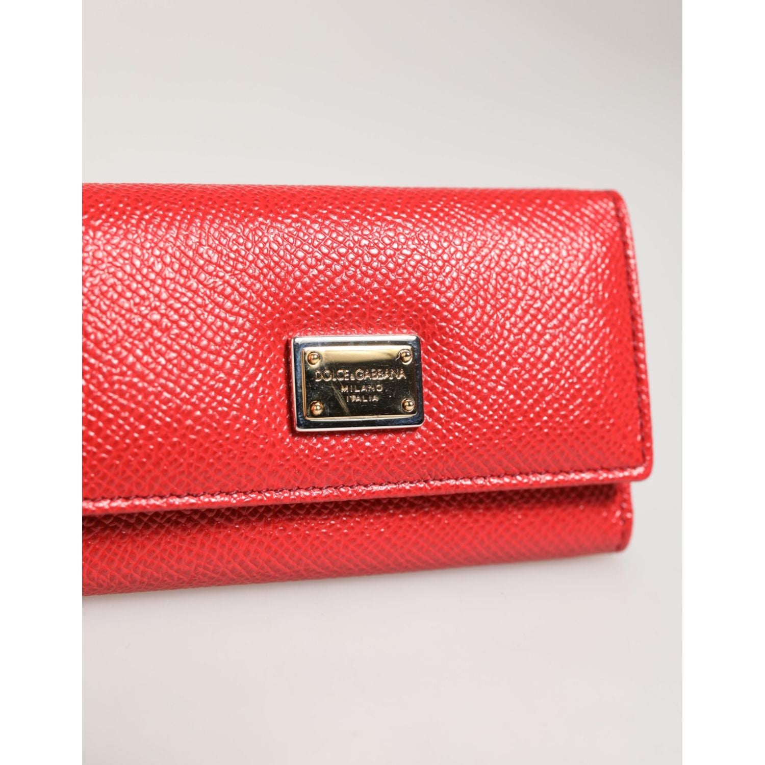 Dolce & Gabbana Red Leather Silver Metal Logo Plaque Trifold  Key Holder