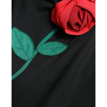 Dolce & Gabbana Black Wool Sleeveless Rose Applique Dress close-up of red rose embroidery detail.