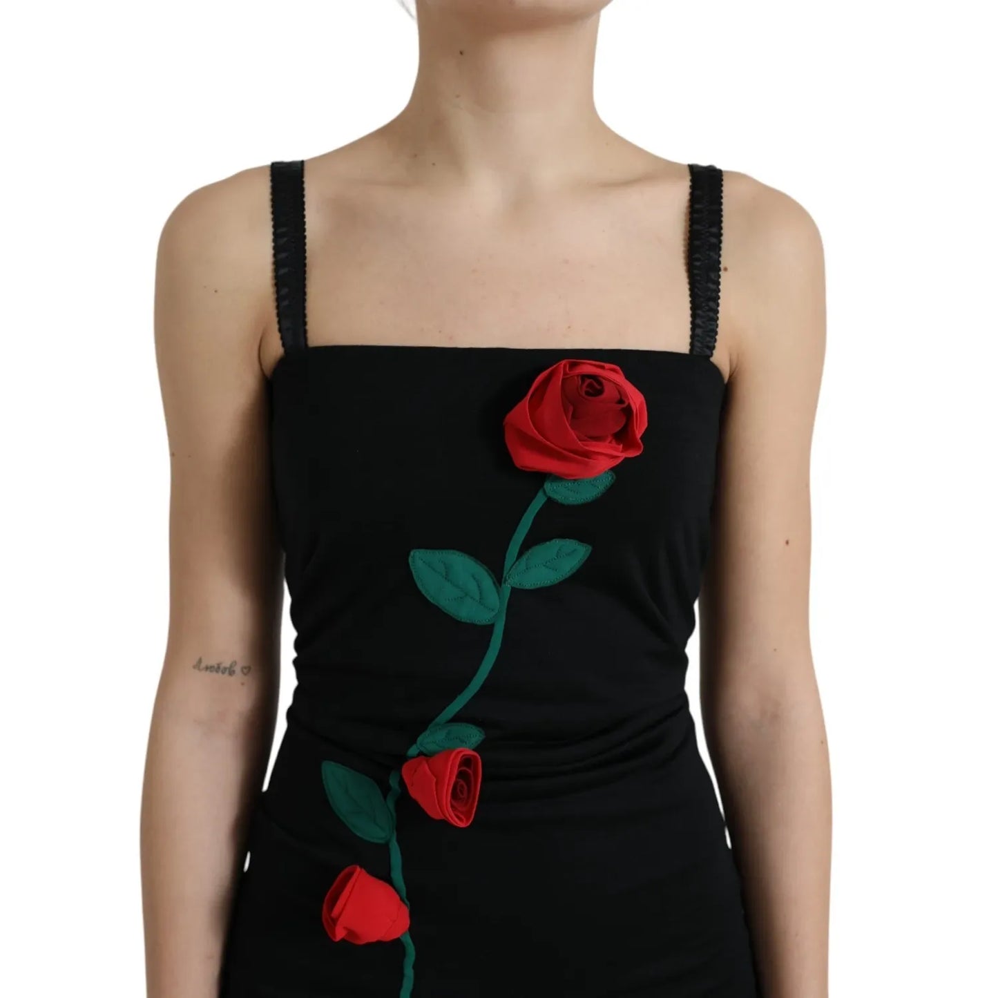 Dolce & Gabbana Black Wool Sleeveless Rose Applique Dress with red 3D roses on front, elegant and sophisticated design for formal occasions.