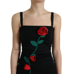 Dolce & Gabbana Black Wool Sleeveless Rose Applique Dress with red 3D roses on front, elegant and sophisticated design for formal occasions.