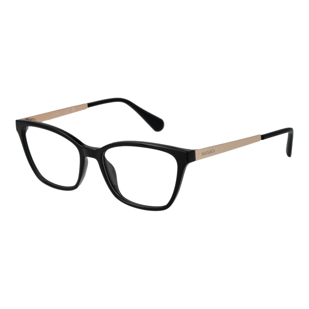 Max & Co Black Women Glasses Frame, full-rim rectangle shape, black plastic material with demo lenses, includes branded case.