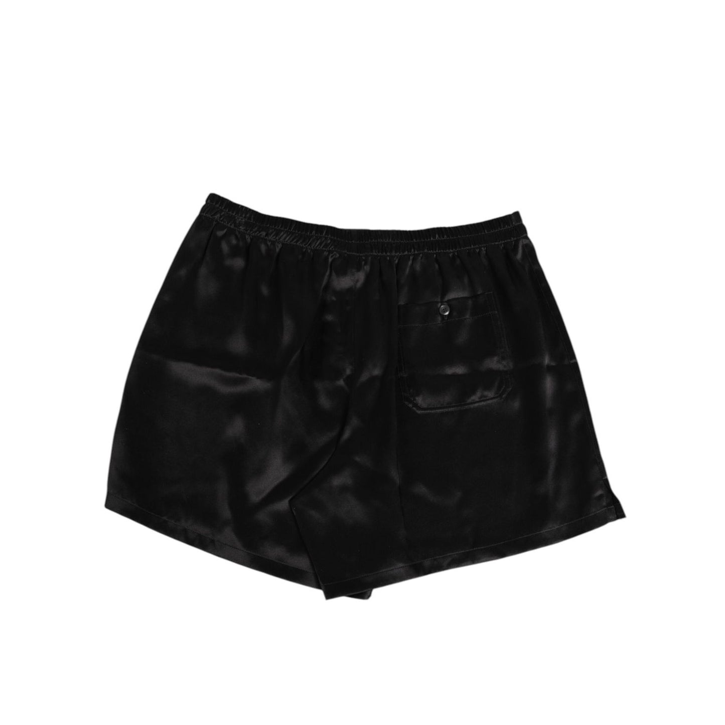 Dolce & Gabbana Black Silk Satin Elastic Men Boxer Short Swimwear with button detail and logo accents, showcasing elegant Italian design.