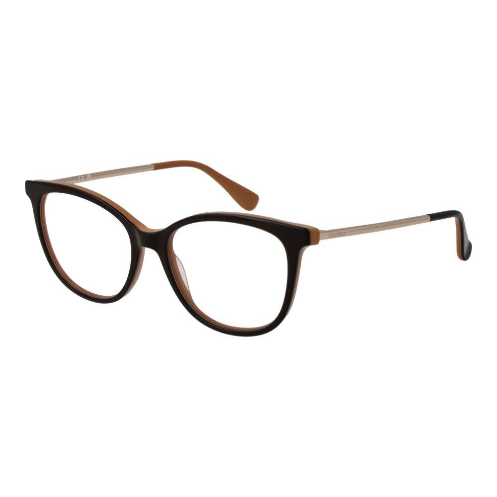 Max Mara Brown Women Glasses Frame, square acetate full-rim design with demo lenses, 52mm width, 135mm frame, no spring hinge, branded case included.