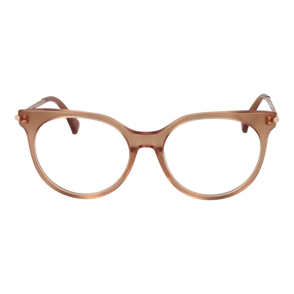 Max Mara Pink Women Glasses Frame in rose acetate with full-rim style, round design, demo lenses, and branded case included.