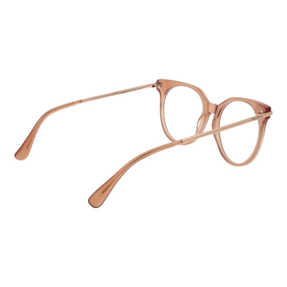 Max Mara Pink Women Glasses Frame in rose acetate, full-rim, round style with demo lenses. Frame width 140, temple length 145.