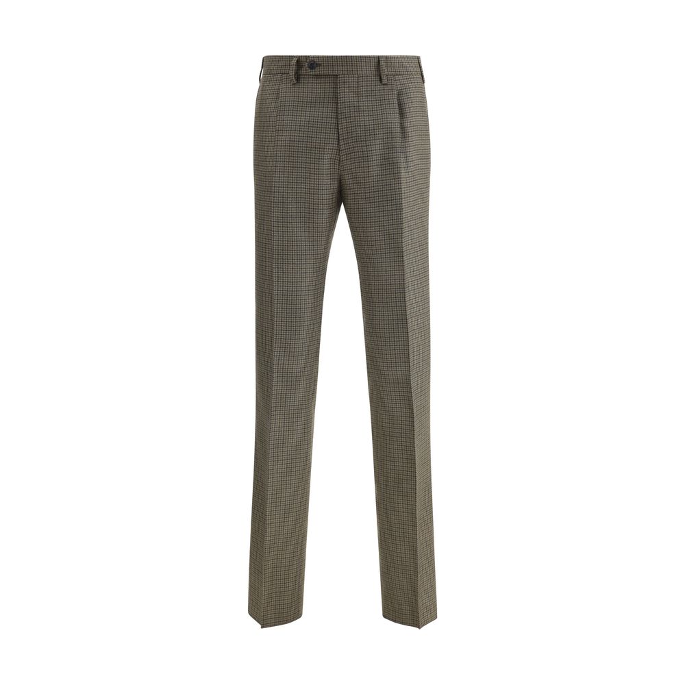 Germano Brown Fleece Wool Casual Pants with houndstooth pattern, zipper closure, and straight cut, perfect for timeless elegance.