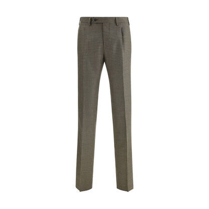 Germano Brown Fleece Wool Casual Pants with houndstooth pattern, zipper closure, and straight cut, perfect for timeless elegance.