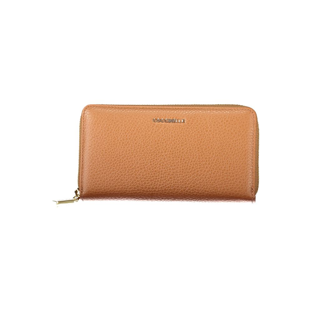 Coccinelle Brown Leather Women Wallet with metallic soft finish, featuring a sleek design, several compartments, and a secure coin purse