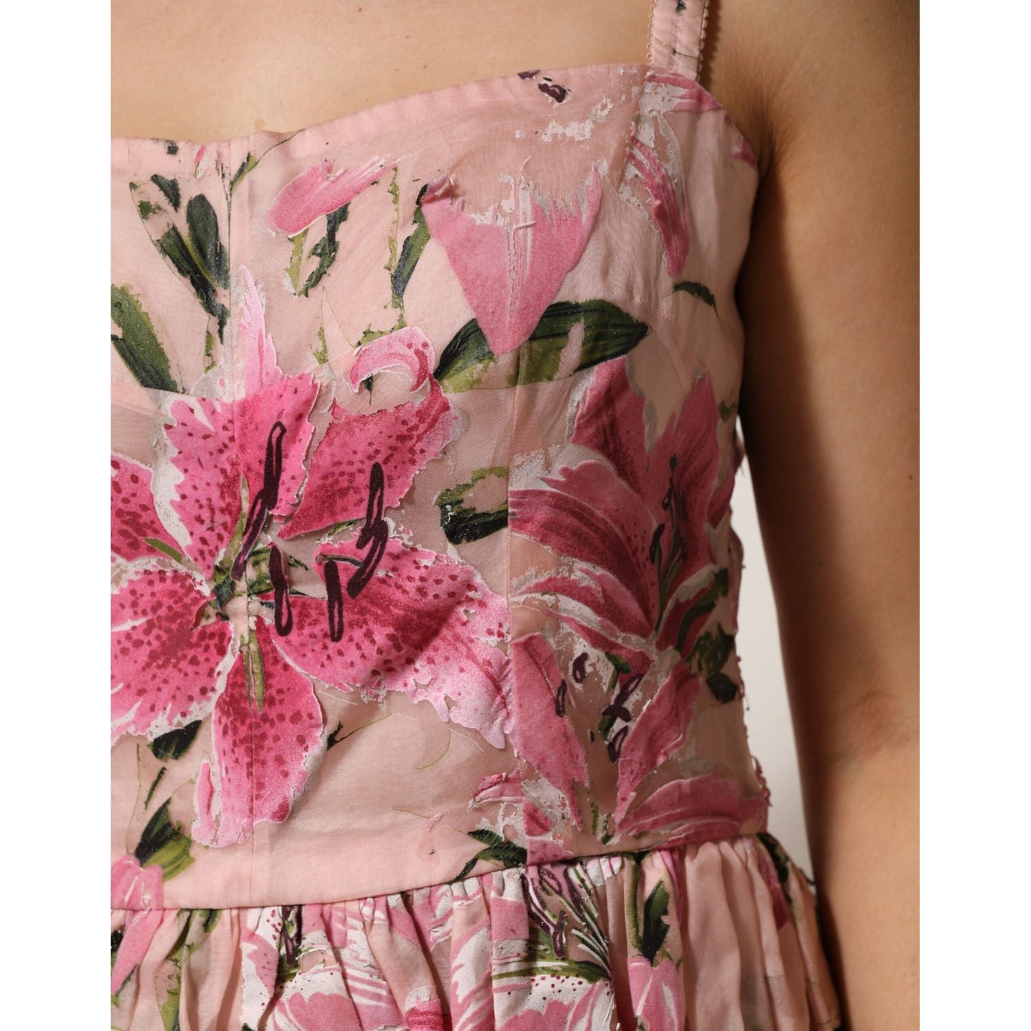 Dolce & Gabbana Pink Cotton Floral Pleated Sleeveless Dress