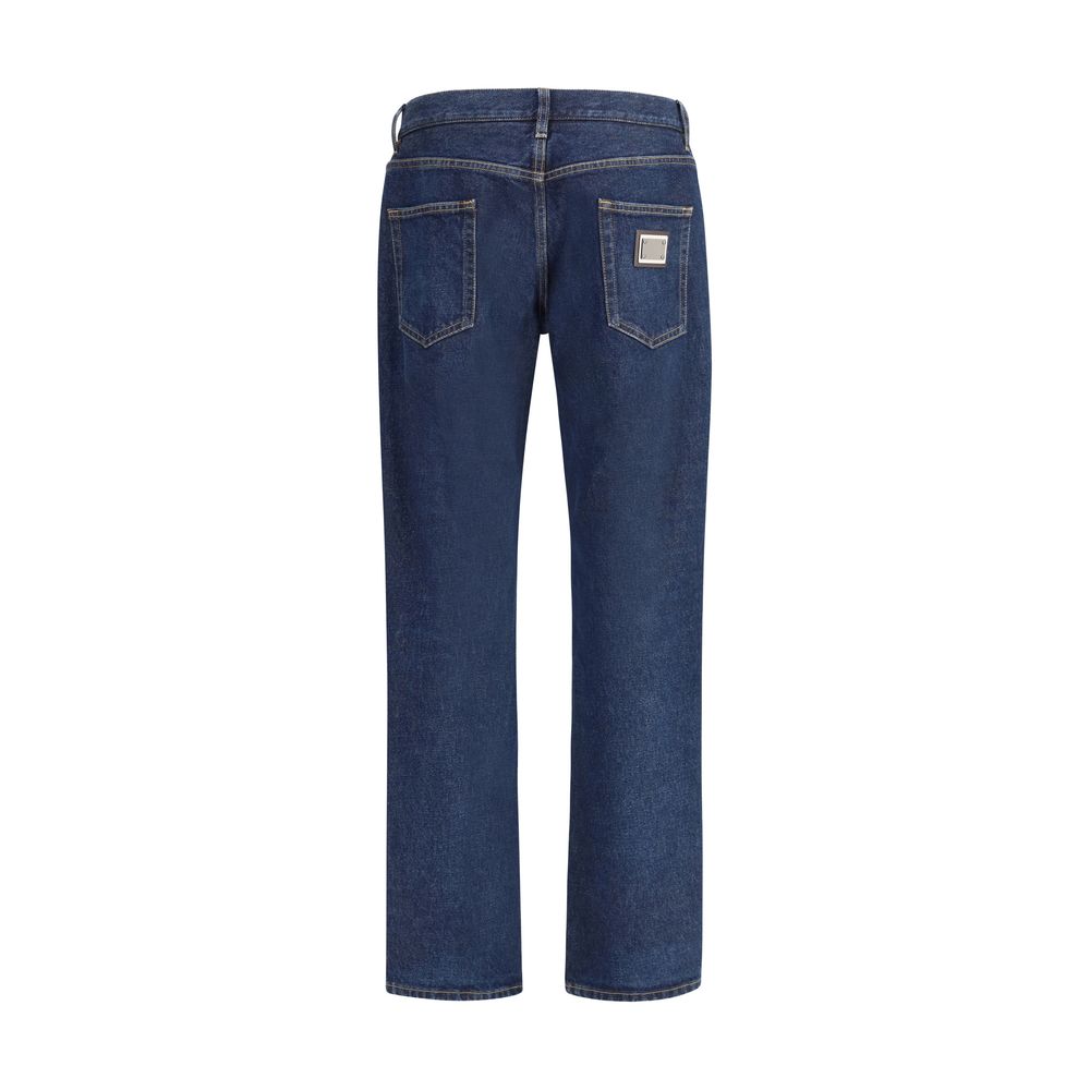 Dolce & Gabbana Blue Cotton Straight-Leg Jeans, classic 5-pocket design, regular fit, with logo plaque on back, 100% cotton.