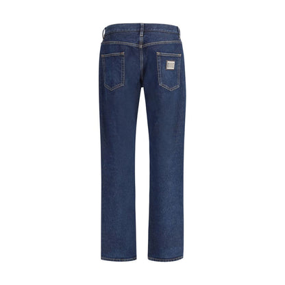 Dolce & Gabbana Blue Cotton Straight-Leg Jeans, classic 5-pocket design, regular fit, with logo plaque on back, 100% cotton.